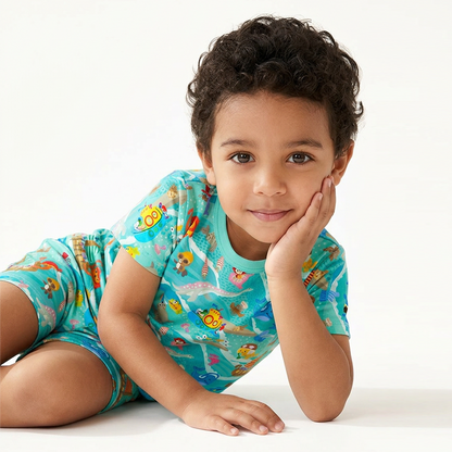 Kids Bamboo Two-Piece Pajama Set Ocean Sailboat and Sea Animal Parade