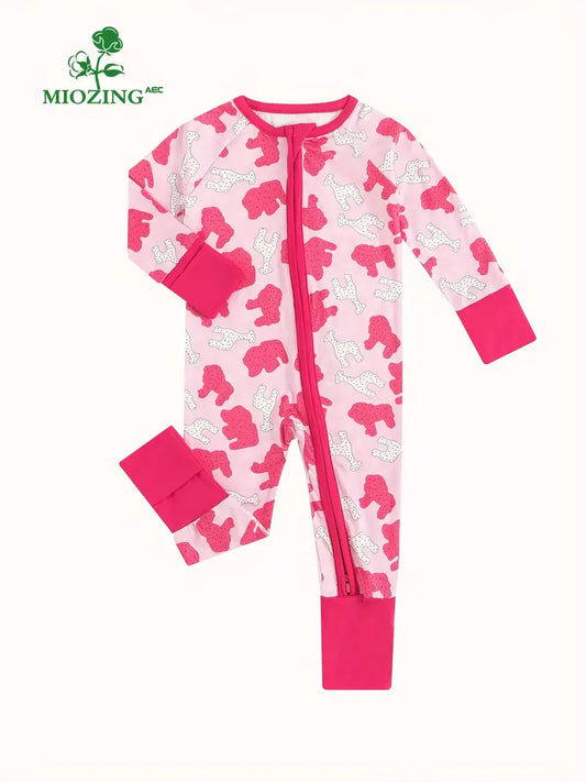 Bamboo Fiber Fabric Christmas Rose Red Deer Polka Dot Cartoon Pattern Long Sleeve Zipper Jumpsuit