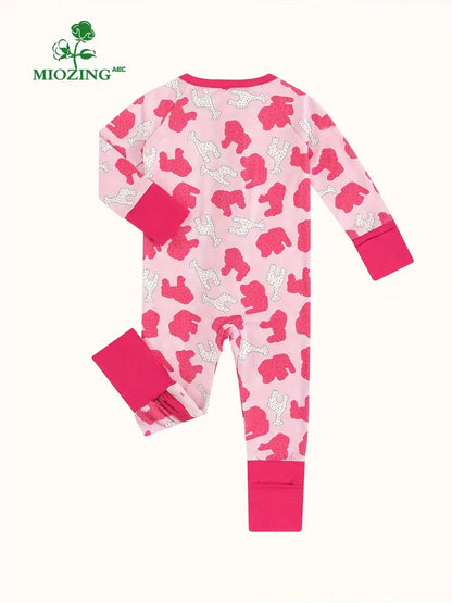 Bamboo Fiber Fabric Christmas Rose Red Deer Polka Dot Cartoon Pattern Long Sleeve Zipper Jumpsuit