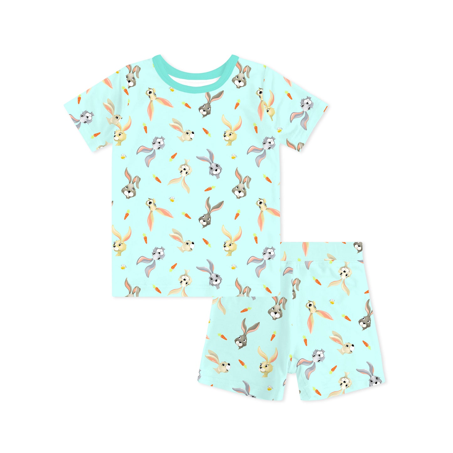 Easter Hoppy Bunny Carrot Parade Green Kids Bamboo Two-Piece Pajama Short Sleeve Set
