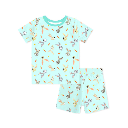 Easter Hoppy Bunny Carrot Parade Green Kids Bamboo Two-Piece Pajama Short Sleeve Set