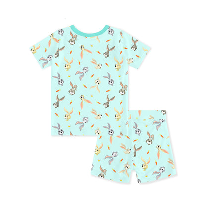 Easter Hoppy Bunny Carrot Parade Green Kids Bamboo Two-Piece Pajama Short Sleeve Set