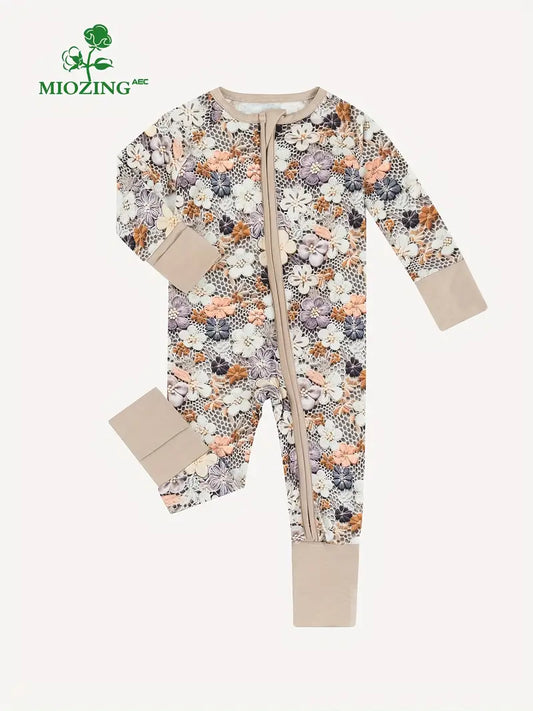 MIOZING Bamboo Fiber Bodysuit For Infants, Faux Embroidered Floral Pattern Long Sleeve Onesie, Baby Girl's Outdoor Clothing