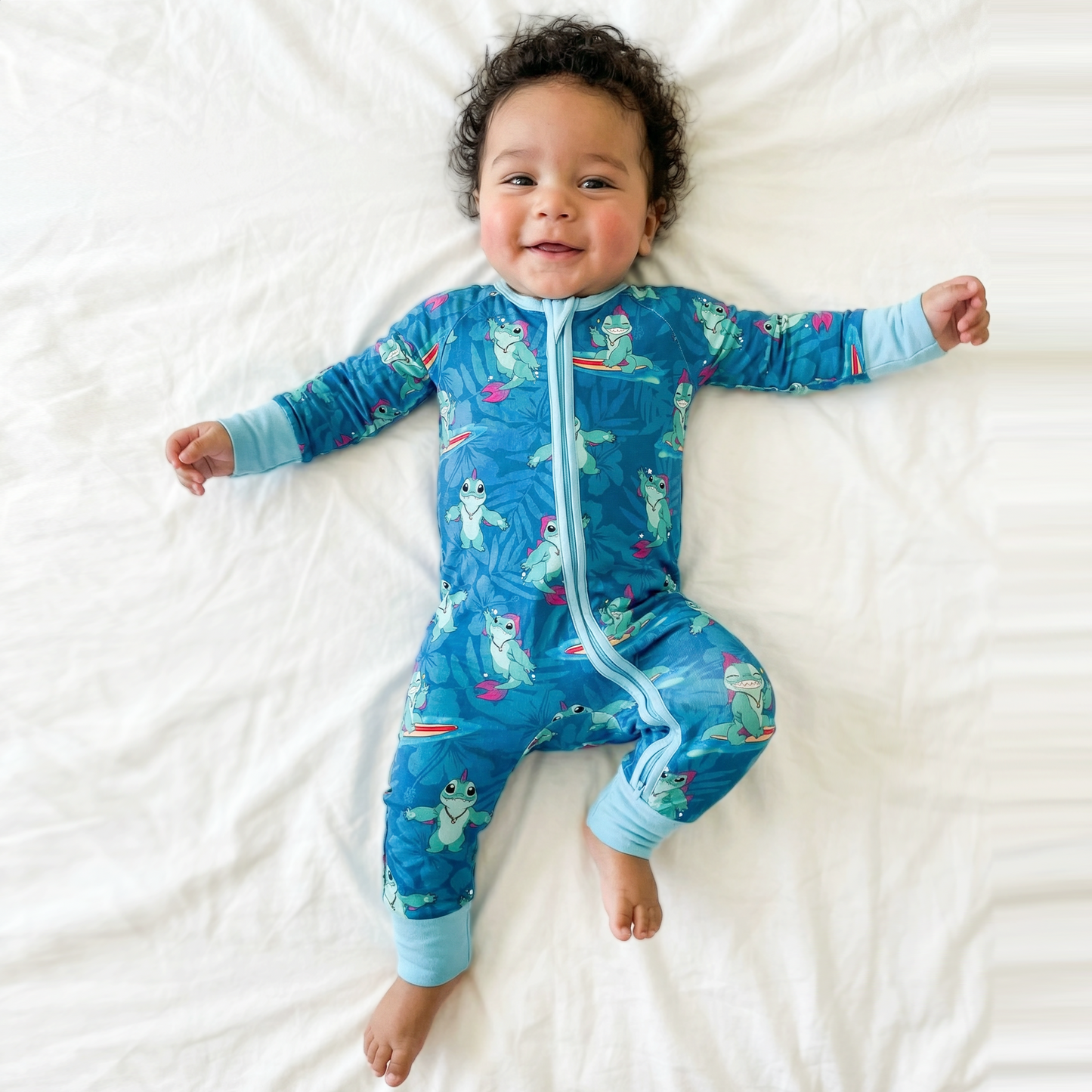 Surfing Dino Ocean Island Bamboo Zipper Romper Pajamas