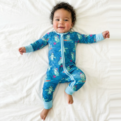 Surfing Dino Ocean Island Bamboo Zipper Romper Pajamas
