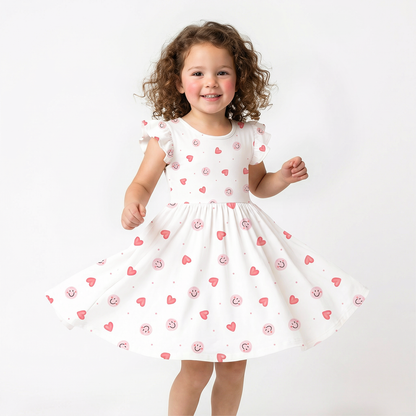Sweet Hearts and Smiley Faces Pink Kids Bamboo Short Sleeves Dress