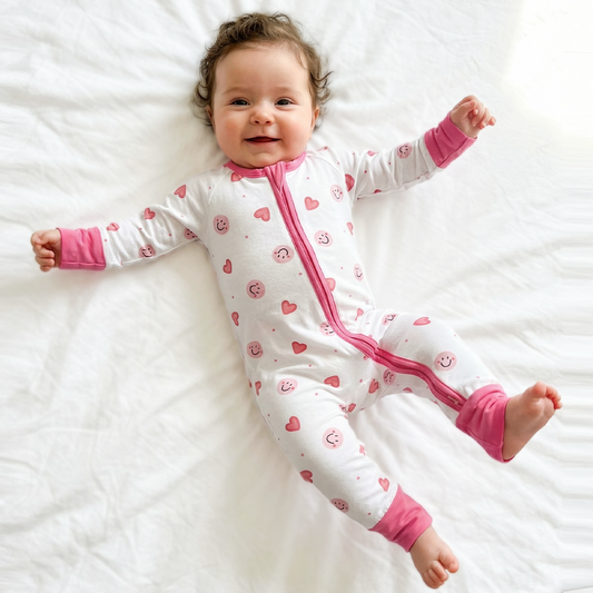 Sweet Hearts and Smiley Faces Pink Bamboo Zipper Romper Pajamas