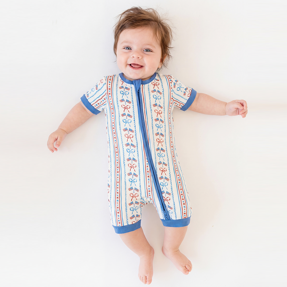 4th of July Bow Flag Blue Bamboo Short Bamboo Zippy Baby Romper
