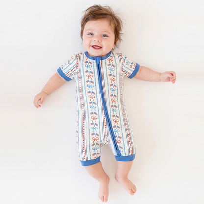 4th of July Bow Flag Blue Bamboo Short Bamboo Zippy Baby Romper