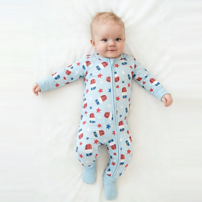 4th Of July Ice Cream Star Bamboo Zipper Romper Pajamas