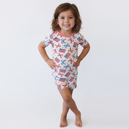 4th of July Bow Flag Bamboo Summer Pajama Shorts Set