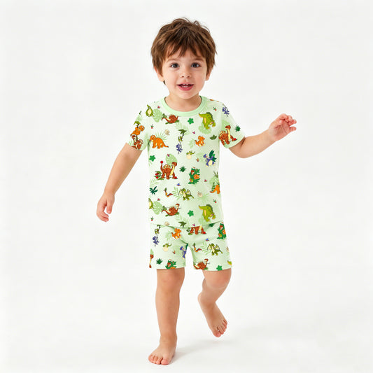 Prehistoric Dino Pals Jungle Playtime Sage Green Kids Bamboo Two-Piece Pajama Short Sleeve Set