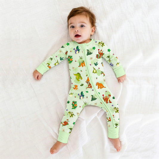 Prehistoric Dino Pals Jungle Playtime Sage Green Bamboo Zipper Romper Pajamas