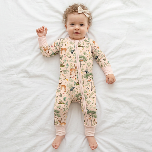 Woodland Forest Deer Meadow Dreams Cream Bamboo Zipper Romper Pajamas