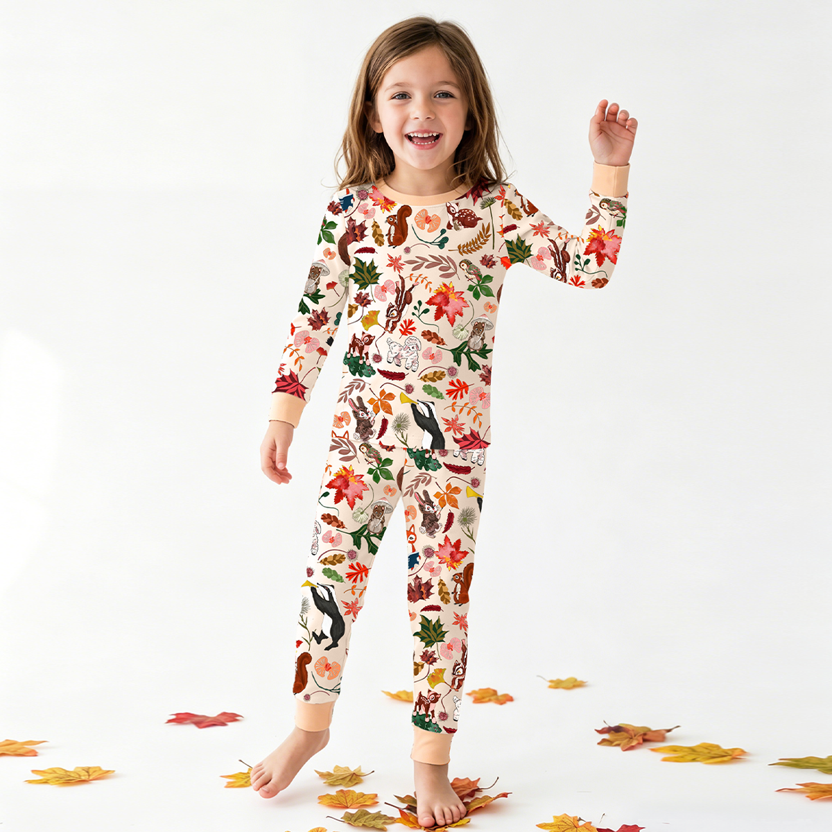 Autumn Woodland Wildlife and Fallen Leaves Peach Kids Two-Piece Pajama Set