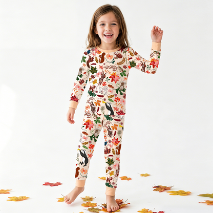 Autumn Woodland Wildlife and Fallen Leaves Peach Kids Two-Piece Pajama Set