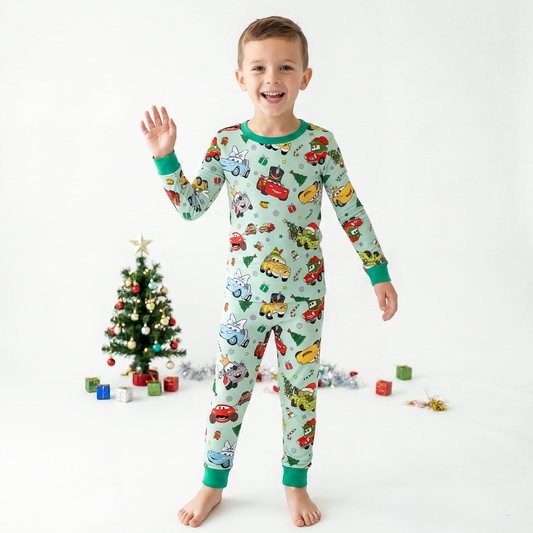 Christmas Little Cars Wheels and Candy Cane Cruise Kids Two-Piece Pajama Set