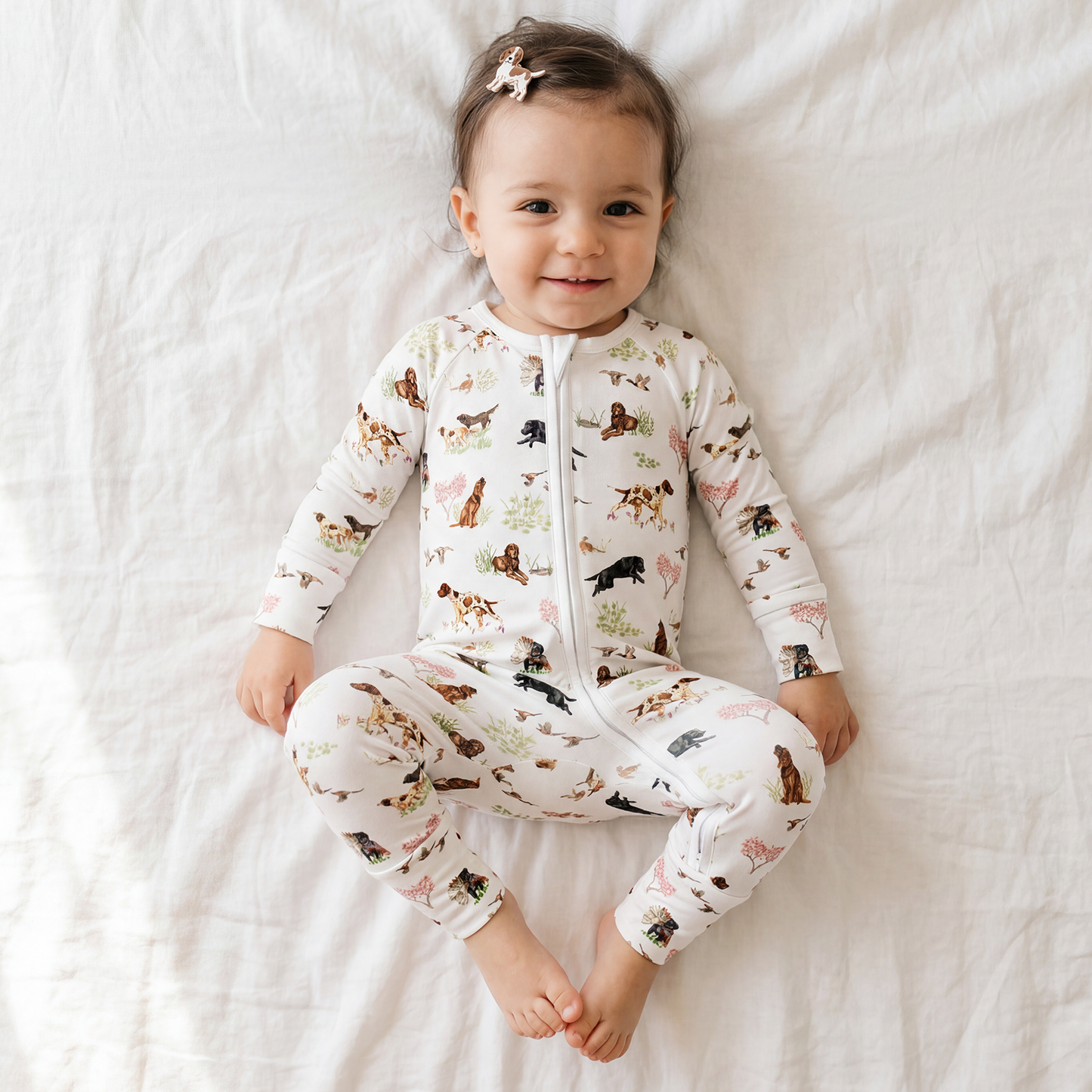 Baby Bamboo Zipper Pajama Romper Hunting Puppy Dog and Game Bird