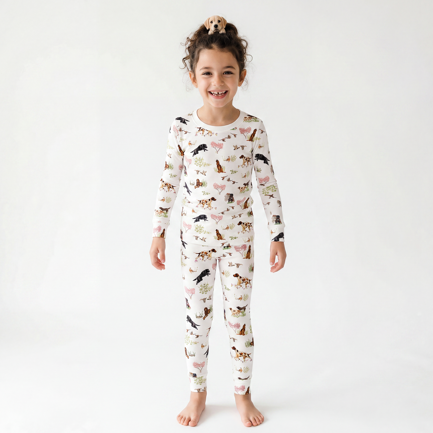 Kids Bamboo Two-Piece Pajama Set Hunting Puppy Dog and Game Bird