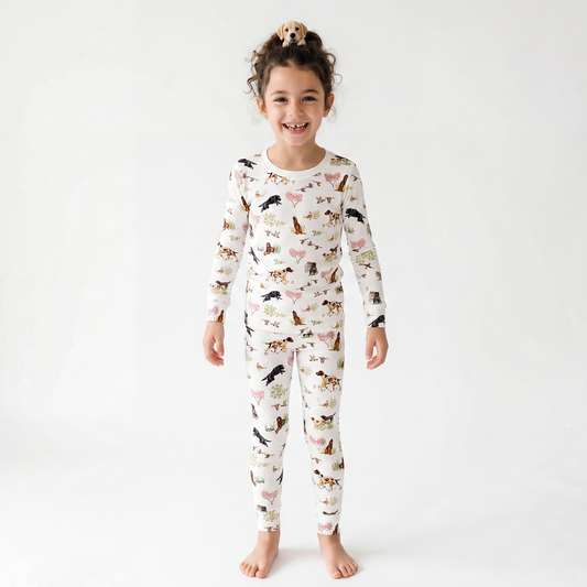 Kids Bamboo Two-Piece Pajama Set Hunting Puppy Dog and Game Bird