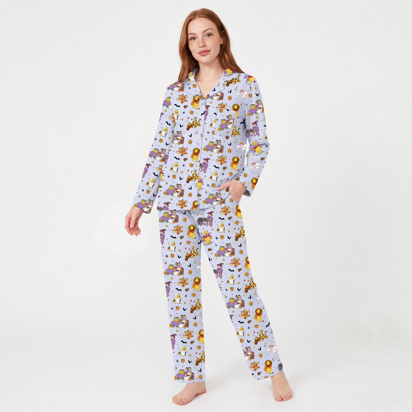 Halloween Bear Pumpkin Bat Print Bamboo Women's Pajamas Set