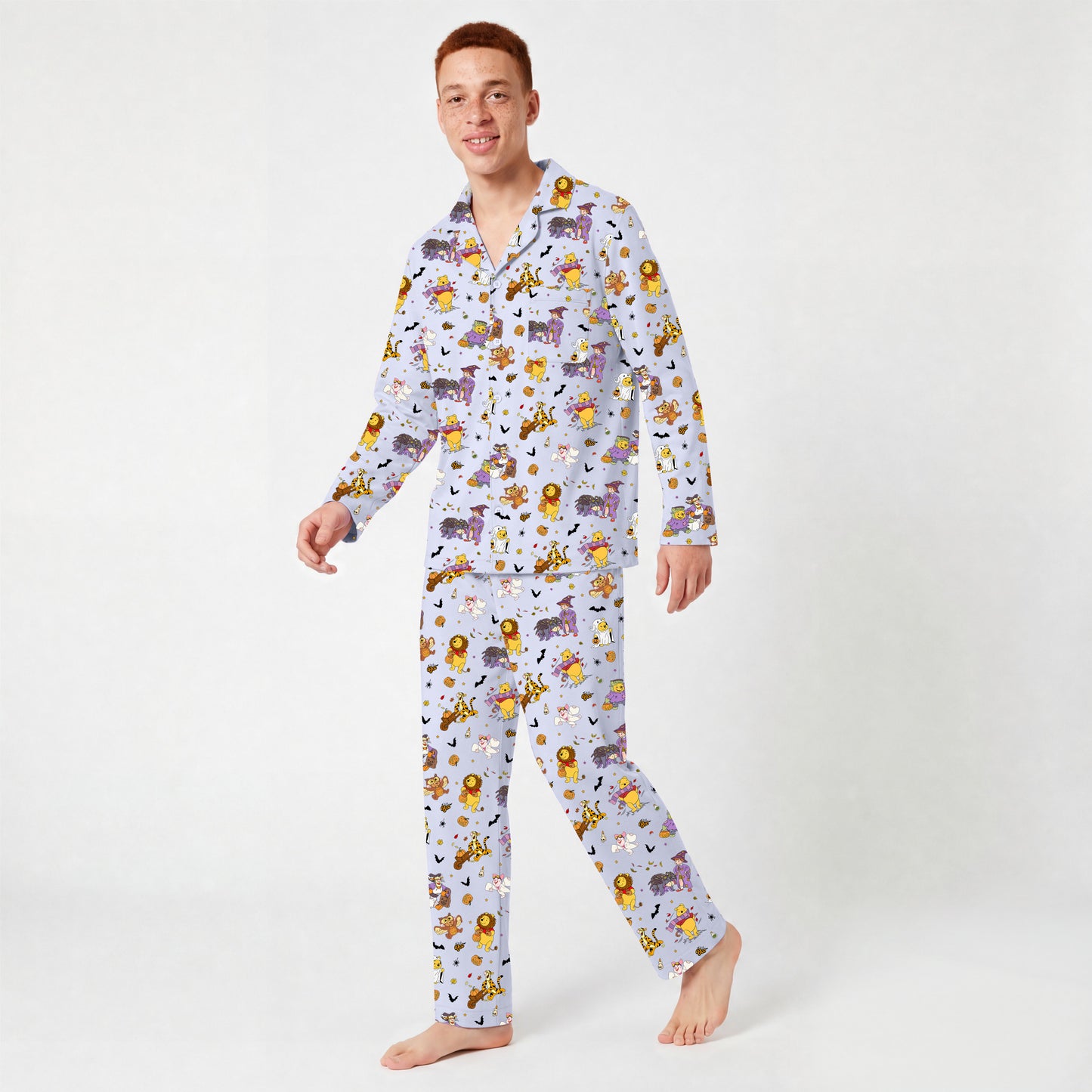 Halloween Bear Pumpkin Bat Print Bamboo Men's Pajamas Set