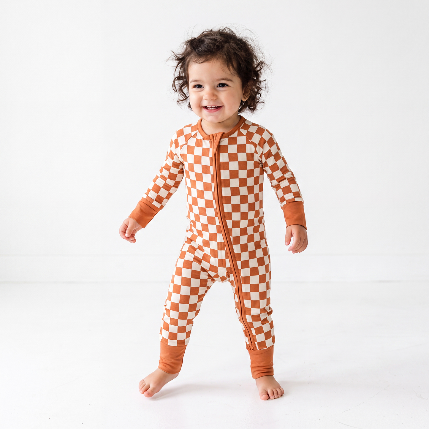 Orange Checkerboard Bamboo Zipper Romper Pajamas