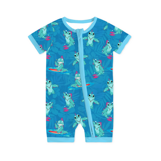 Surfing Dino Ocean Island Bamboo Short Bamboo Zippy Baby Romper