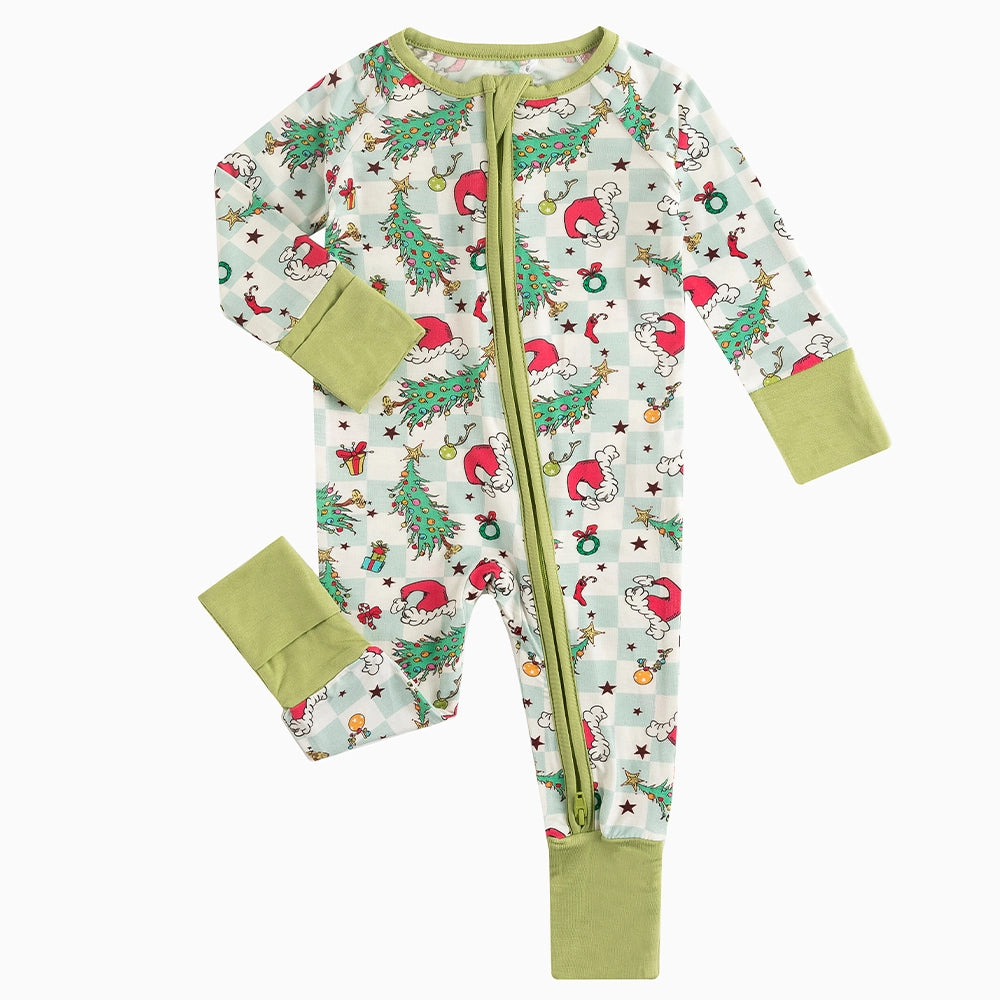 Christmas Tree Santa Hat Green Plaid Baby Bamboo Zipper Romper Pajamas