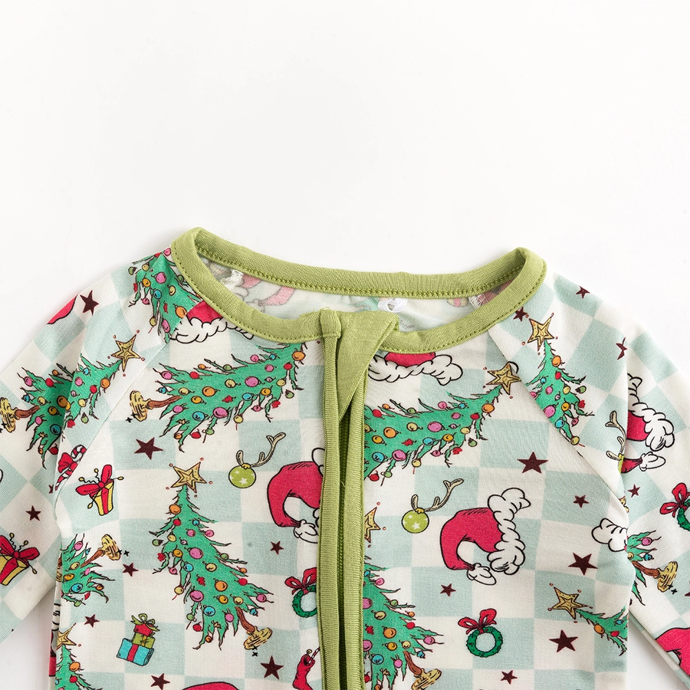 Christmas Tree Santa Hat Green Plaid Baby Bamboo Zipper Romper Pajamas