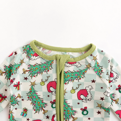Christmas Tree Santa Hat Green Plaid Baby Bamboo Zipper Romper Pajamas