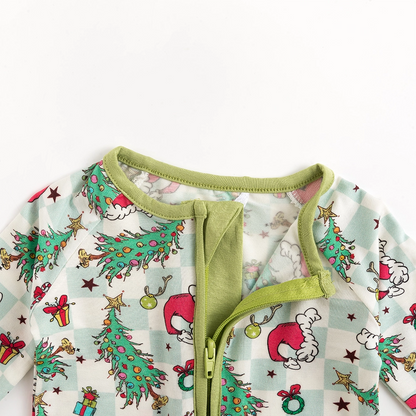 Christmas Tree Santa Hat Green Plaid Baby Bamboo Zipper Romper Pajamas