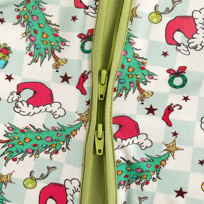 Christmas Tree Santa Hat Green Plaid Baby Bamboo Zipper Romper Pajamas