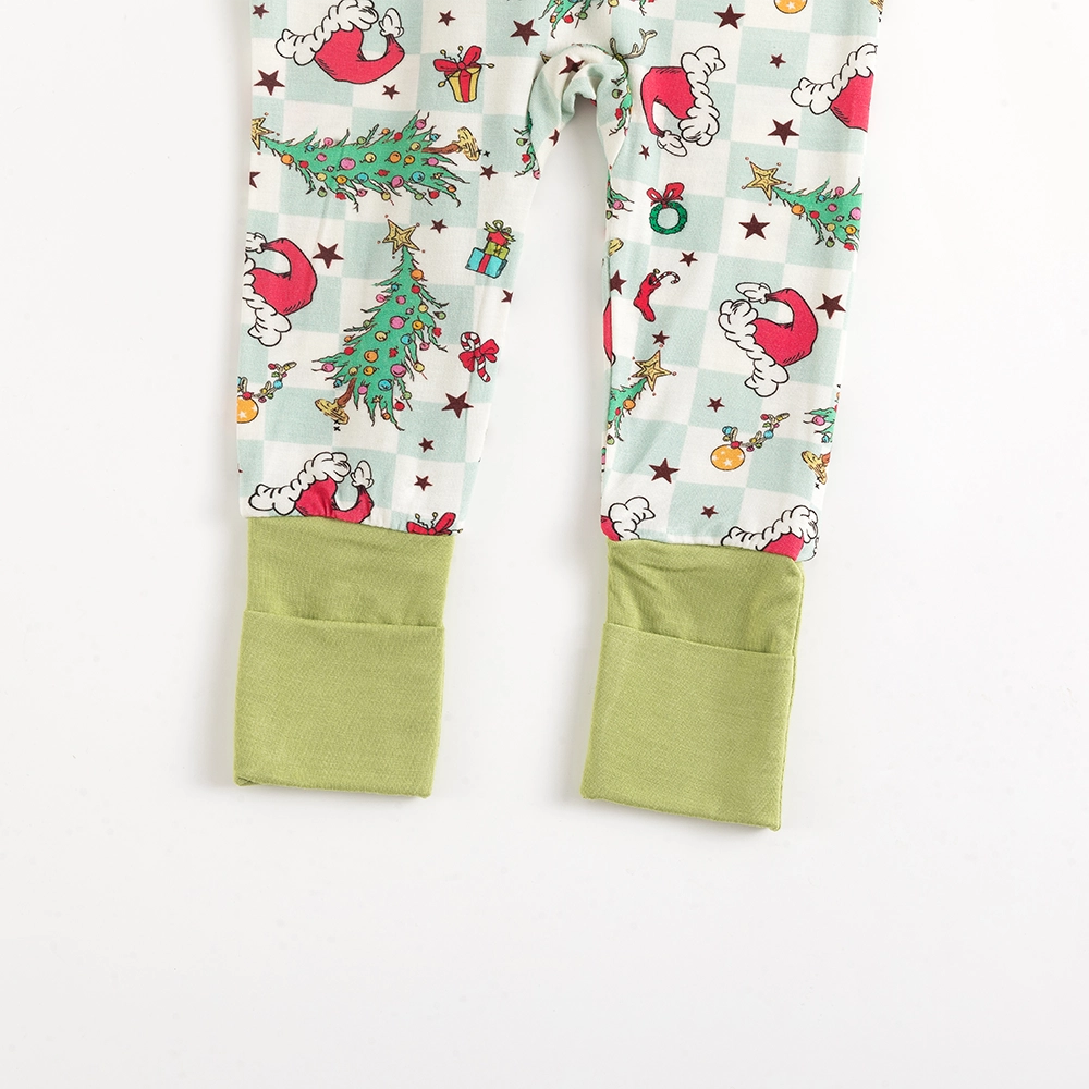 Christmas Tree Santa Hat Green Plaid Baby Bamboo Zipper Romper Pajamas