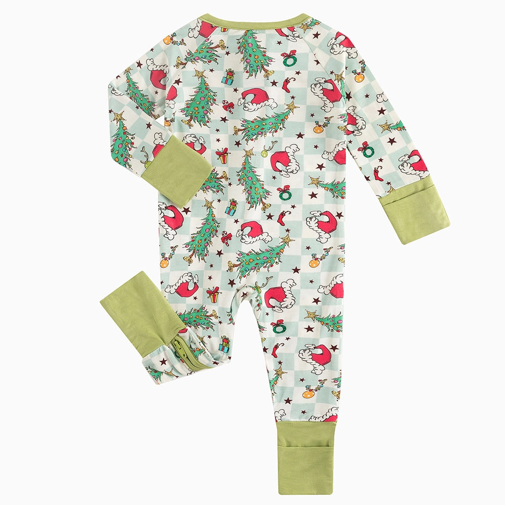 Christmas Tree Santa Hat Green Plaid Baby Bamboo Zipper Romper Pajamas
