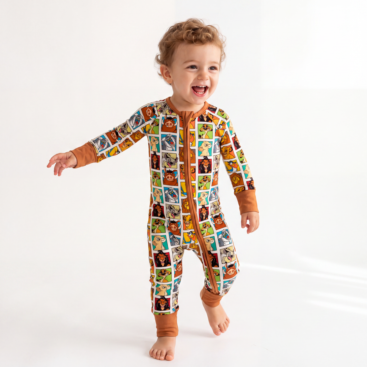 King Lion Brown Bamboo Zipper Romper Pajamas