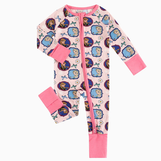 Flower Bow Princess Sisters Baby Bamboo Zipper Romper Pajamas