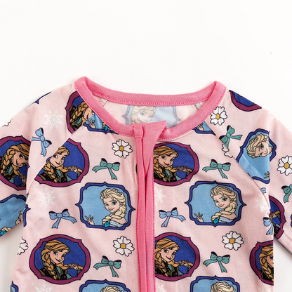 Flower Bow Princess Sisters Baby Bamboo Zipper Romper Pajamas