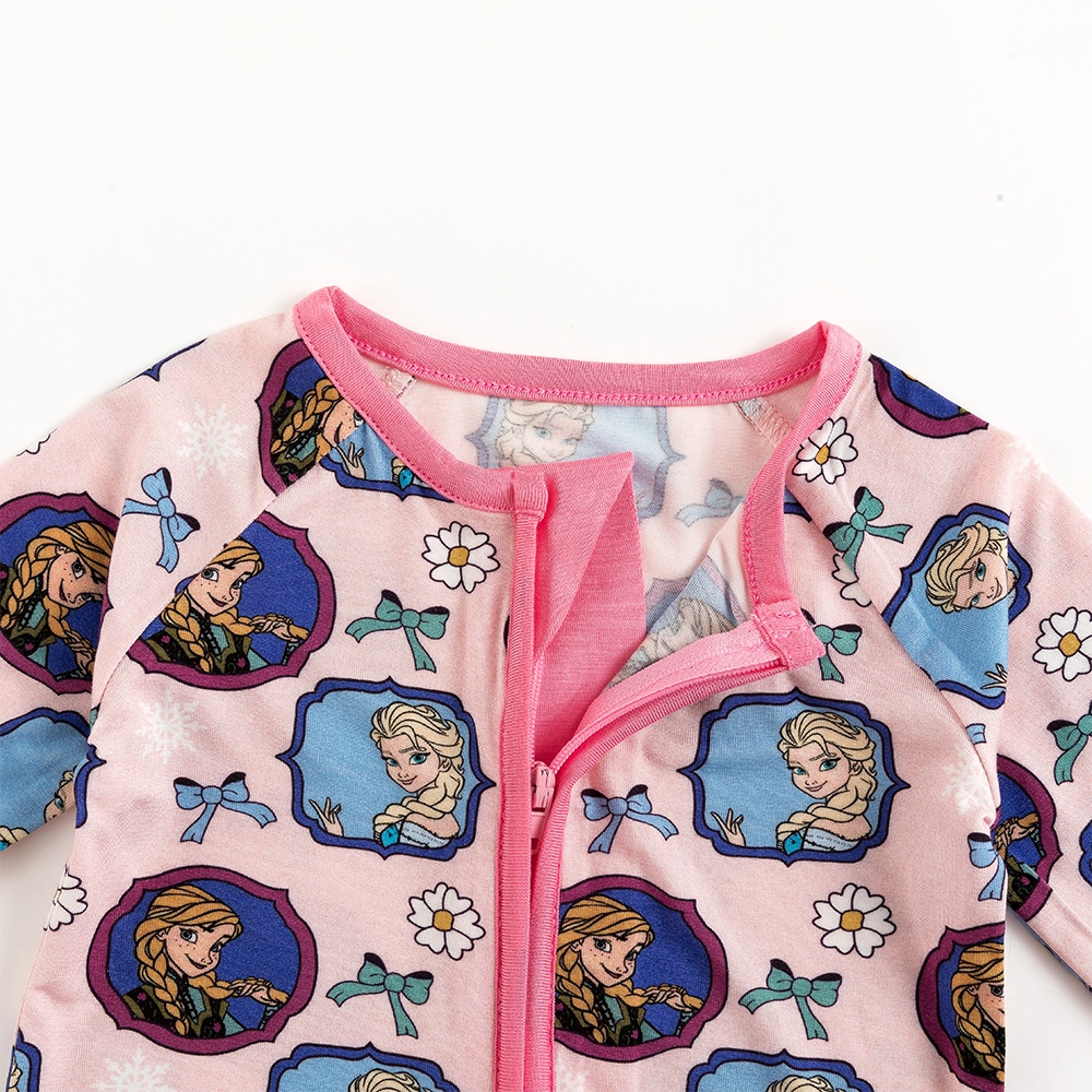 Flower Bow Princess Sisters Baby Bamboo Zipper Romper Pajamas