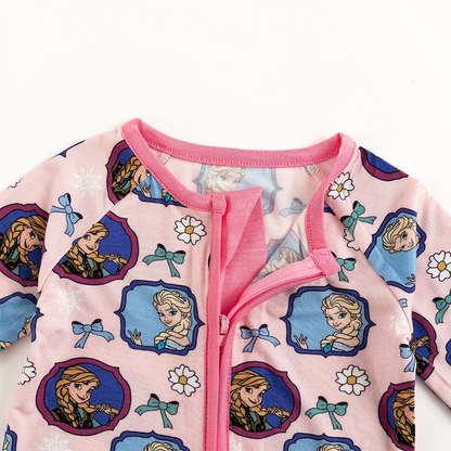 Flower Bow Princess Sisters Baby Bamboo Zipper Romper Pajamas