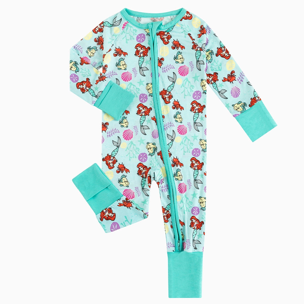 Mermaid And Flounder Baby Bamboo Zipper Romper Pajamas