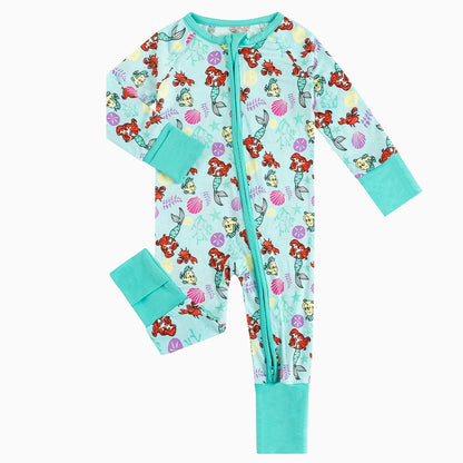 Mermaid And Flounder Baby Bamboo Zipper Romper Pajamas