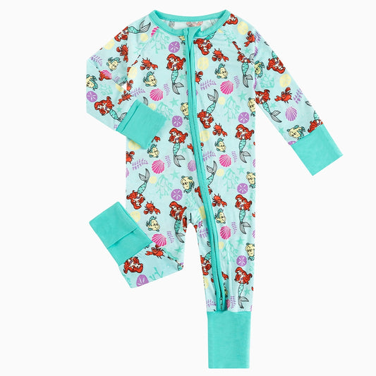 Mermaid And Flounder Baby Bamboo Zipper Romper Pajamas