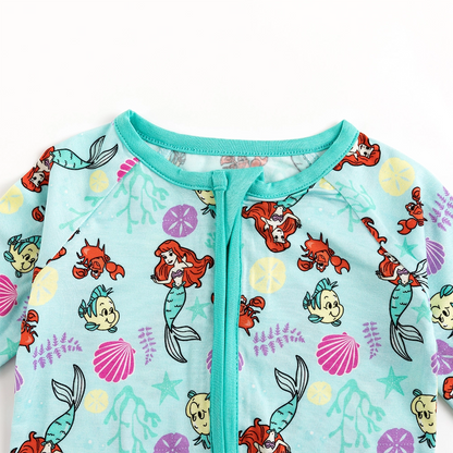 Mermaid And Flounder Baby Bamboo Zipper Romper Pajamas