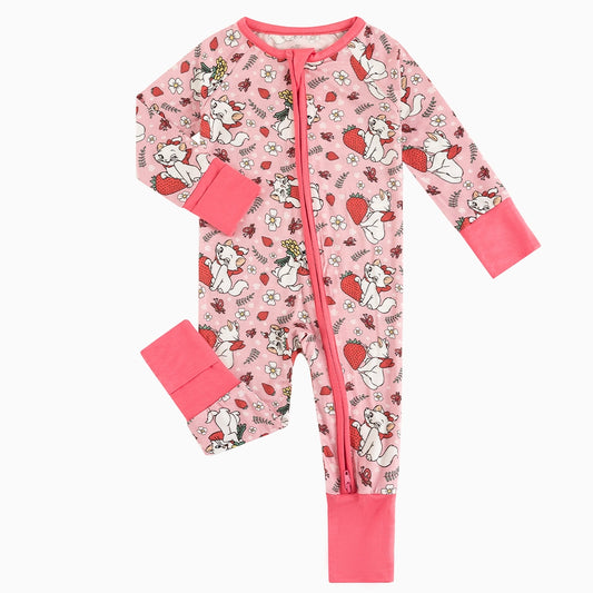 Cat Strawberry Flowers Baby Bamboo Zipper Romper Pajamas