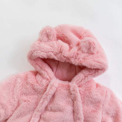Dusty Rose Baby Bear Fleece Hooded Romper