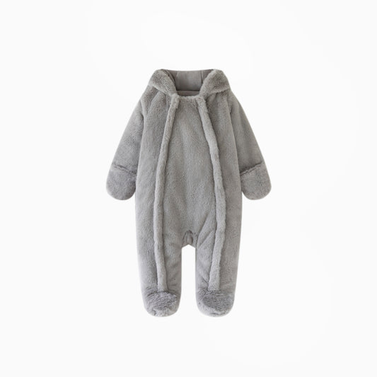 Matte Light Gray Baby Bear Fleece Hooded Romper