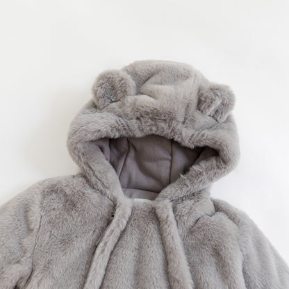 Matte Light Gray Baby Bear Fleece Hooded Romper
