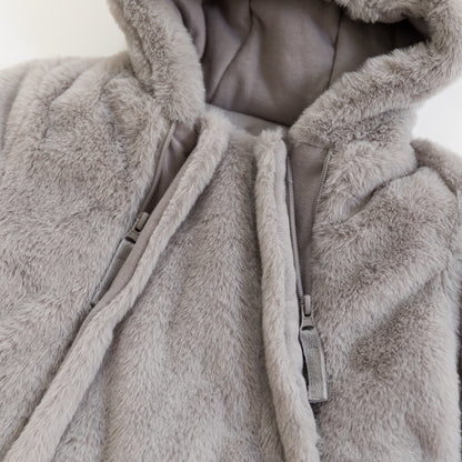Matte Light Gray Baby Bear Fleece Hooded Romper
