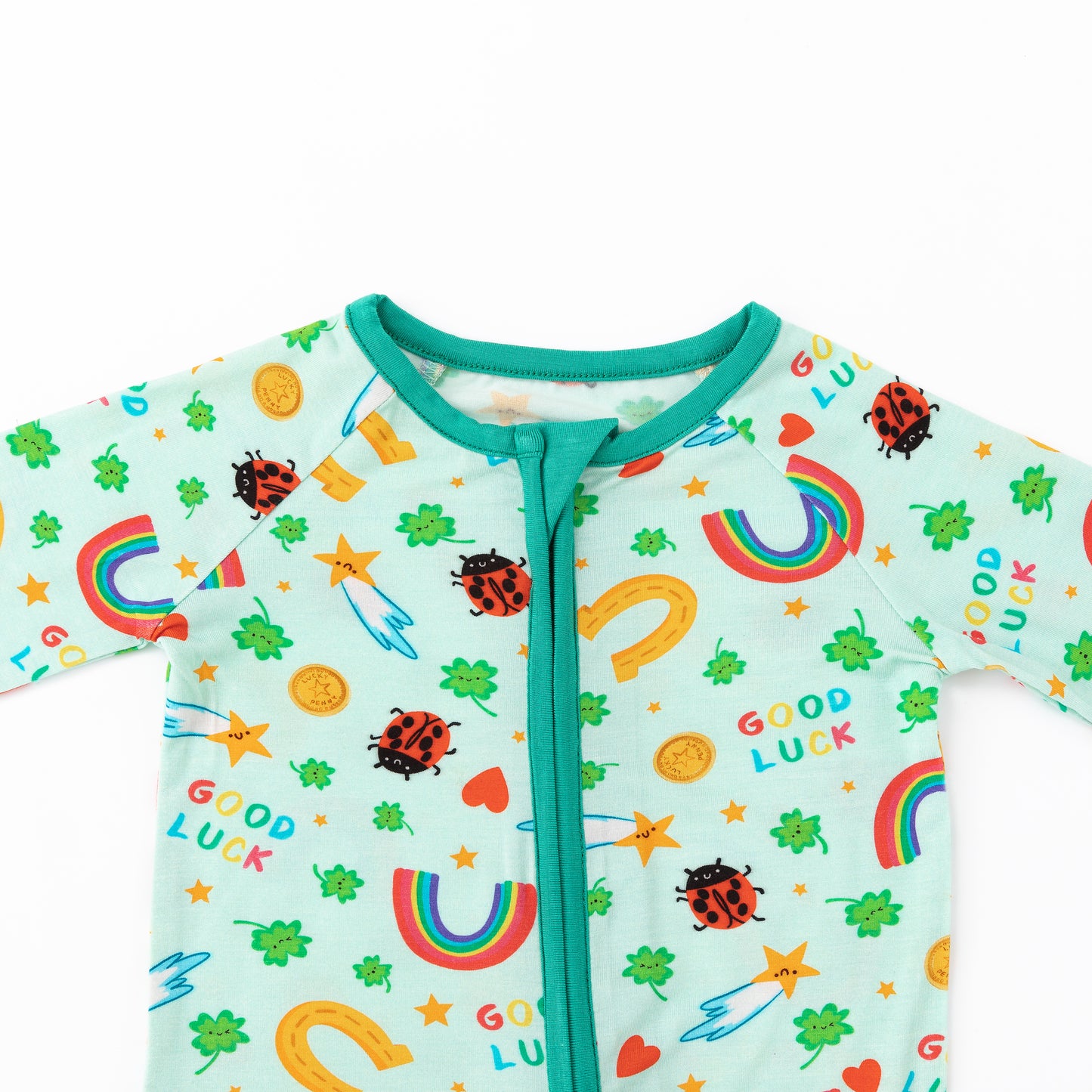 Good Luck Rainbow and Ladybug Bamboo Zipper Romper Pajamas